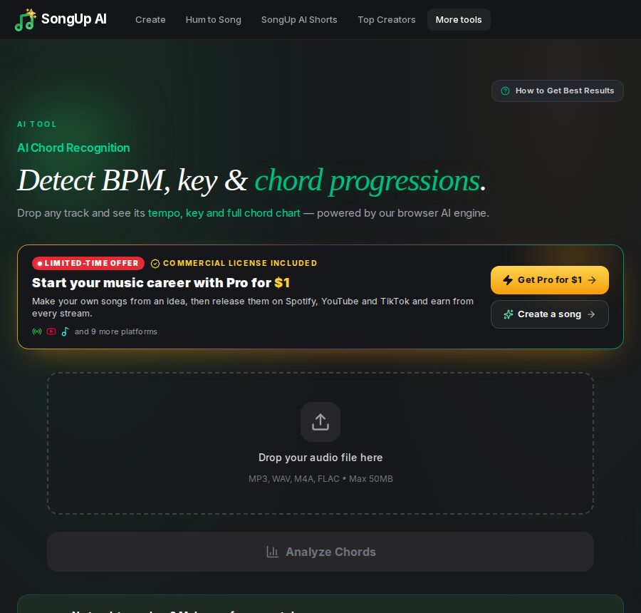 SongUp AI Chord Recognition tool that detects the BPM, key and chord progression of any song you upload, running in the browser