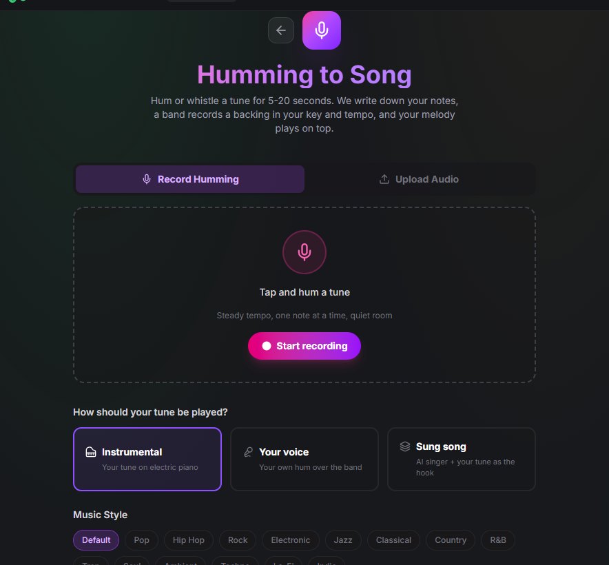 The SongUp Hum to Song tool with Record Humming and Upload Audio tabs, a Start recording button, three play modes and music styles