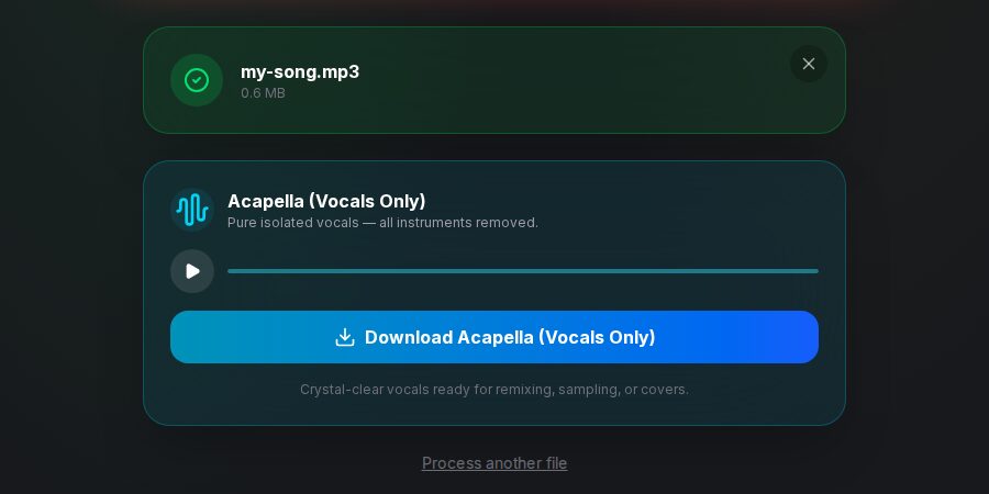 SongUp AI Acapella Extractor result: isolated vocals only with all instruments removed and a Download Acapella button
