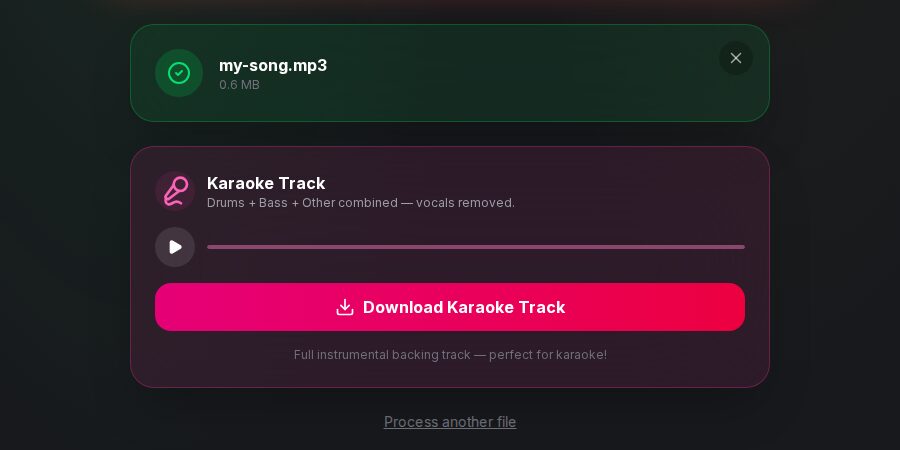 SongUp AI Karaoke Maker result: a karaoke track with drums, bass and other combined and vocals removed, with a play button and a Download Karaoke Track button