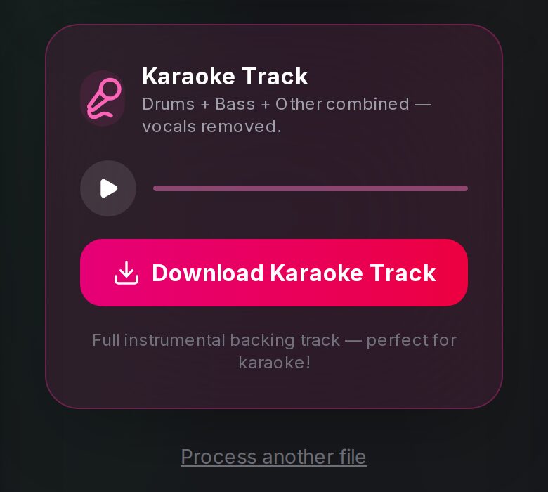 SongUp AI Karaoke Maker on a phone: karaoke track ready with a Download Karaoke Track button