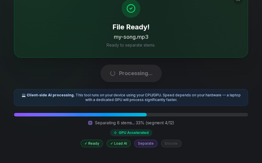 SongUp AI vocal remover separating a song in the browser, with a progress bar, segment counter and GPU Accelerated badge