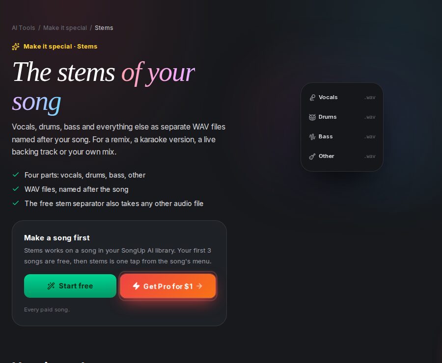 SongUp AI Stems page: the vocals, drums, bass and other parts of your song as separate WAV files, for a remix, a karaoke version, a live backing track or your own mix
