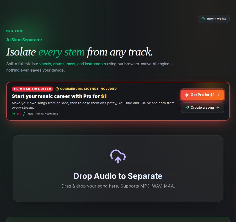 SongUp AI Stem Separator page: isolate every stem from any track, split a full mix into vocals, drums, bass and instruments in the browser