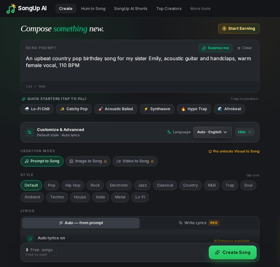 SongUp AI Customize and Advanced panel showing creation modes Prompt to Song, Image to Song and Video to Song, 16 style buttons from Pop to Lo-Fi, the song language menu and the lyrics options