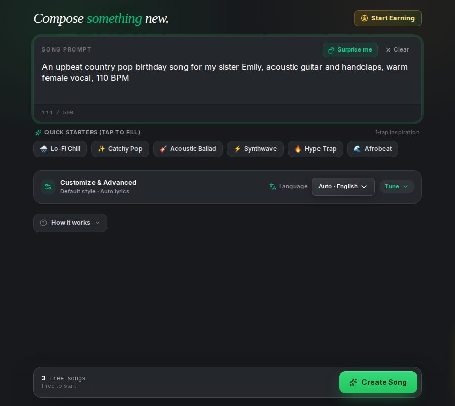 The SongUp AI Create page with a prompt typed in: an upbeat country pop birthday song for my sister Emily, acoustic guitar and handclaps, warm female vocal, 110 BPM