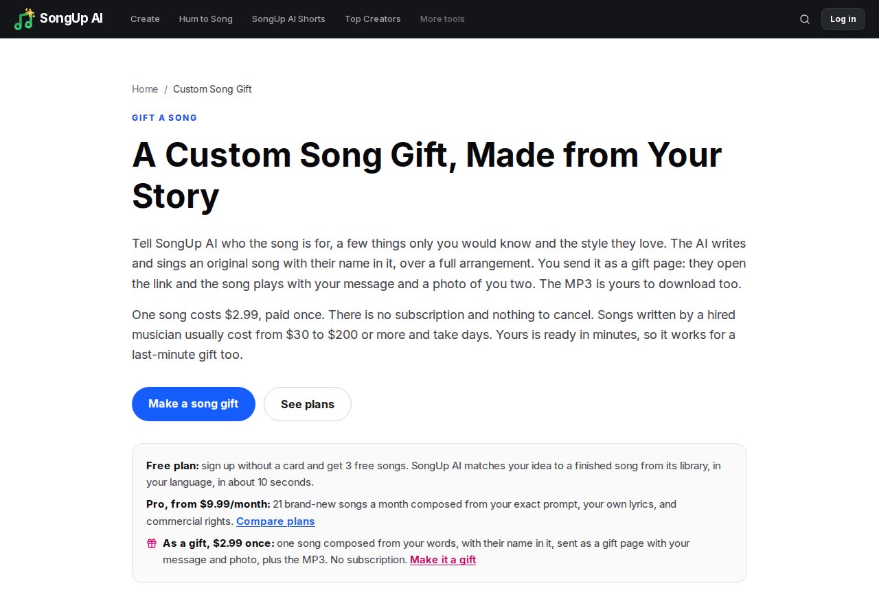 SongUp AI custom song gift page: an original song with their name in it, sent as a gift page with your message and photo, for $2.99 paid once