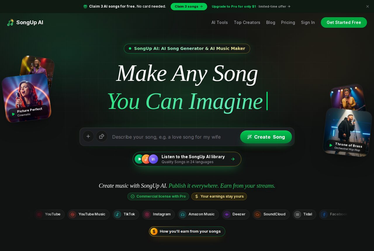 The SongUp AI homepage at songupai.com with the Create Song prompt box, the 3 free songs offer and the Pro for $1 banner