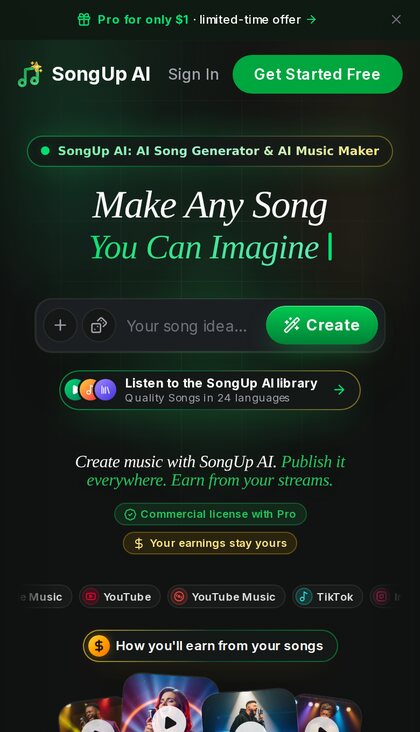 SongUp AI on an iPhone-sized screen: the mobile homepage with the song idea box, the Create button and the SongUp AI song library
