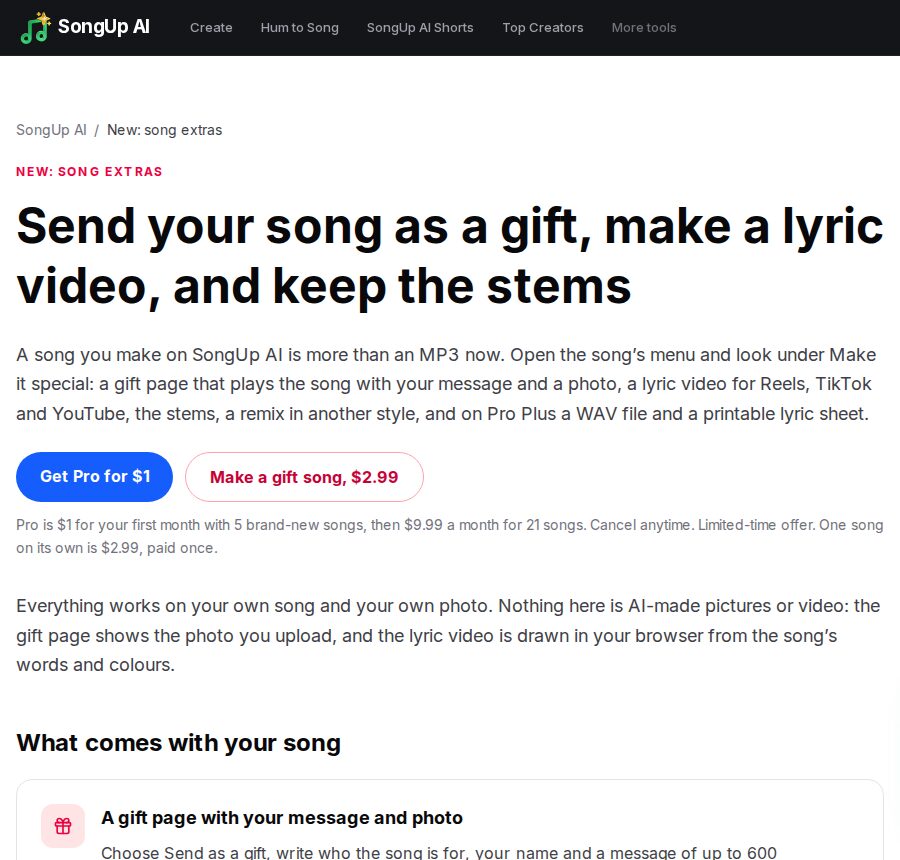 The SongUp AI song extras page: send your song as a gift, make a lyric video, and keep the stems, with Get Pro for $1 and Make a gift song for $2.99 buttons