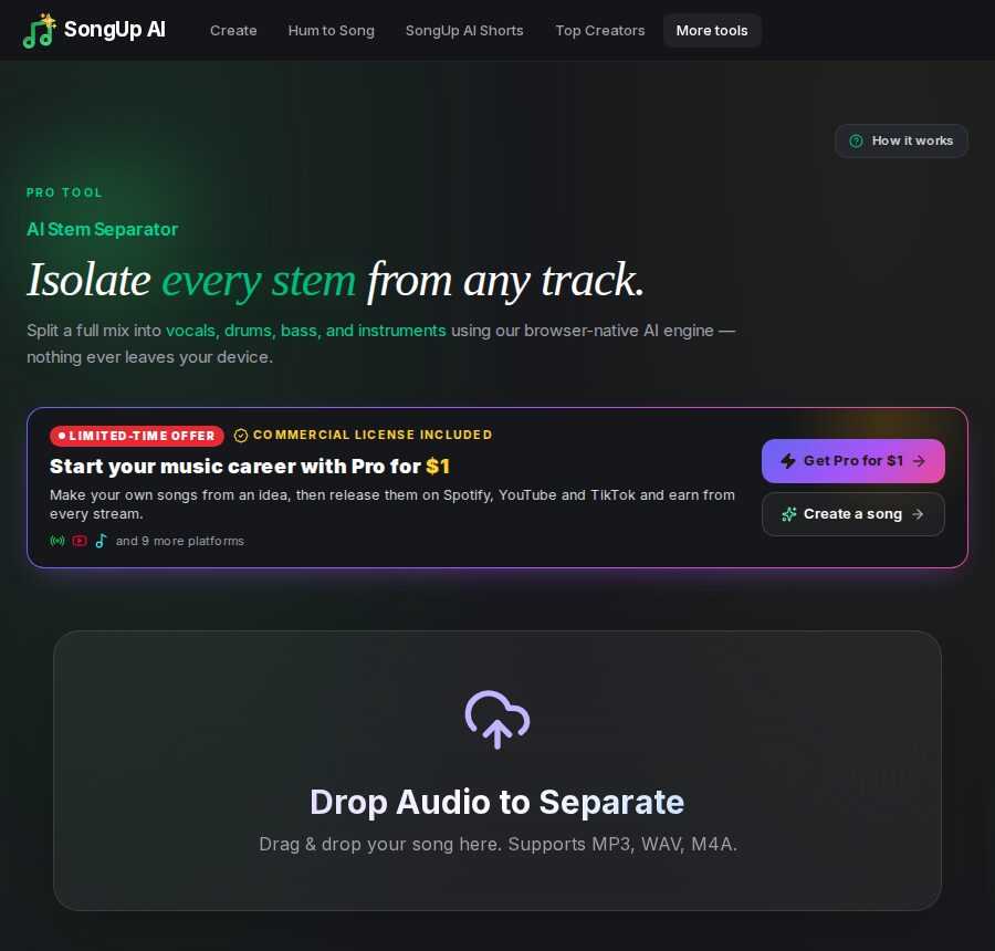 SongUp AI Stem Separator tool: isolate every stem from any track, splitting a song into vocals, drums, bass and instruments in the browser