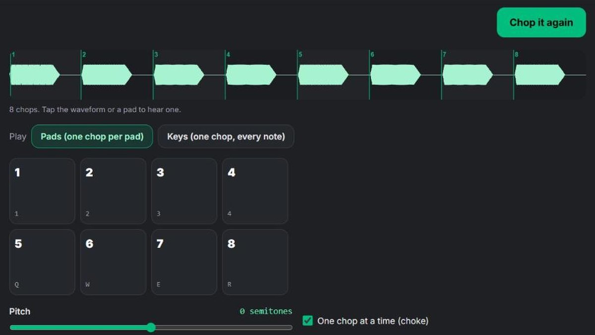 The free SongUp AI Vocal Chop Maker: a vocal waveform cut into 8 chops, 8 pads mapped to keys 1 to 4 and Q to R, Pads and Keys play modes, a pitch slider, Record a take and All chops ZIP download